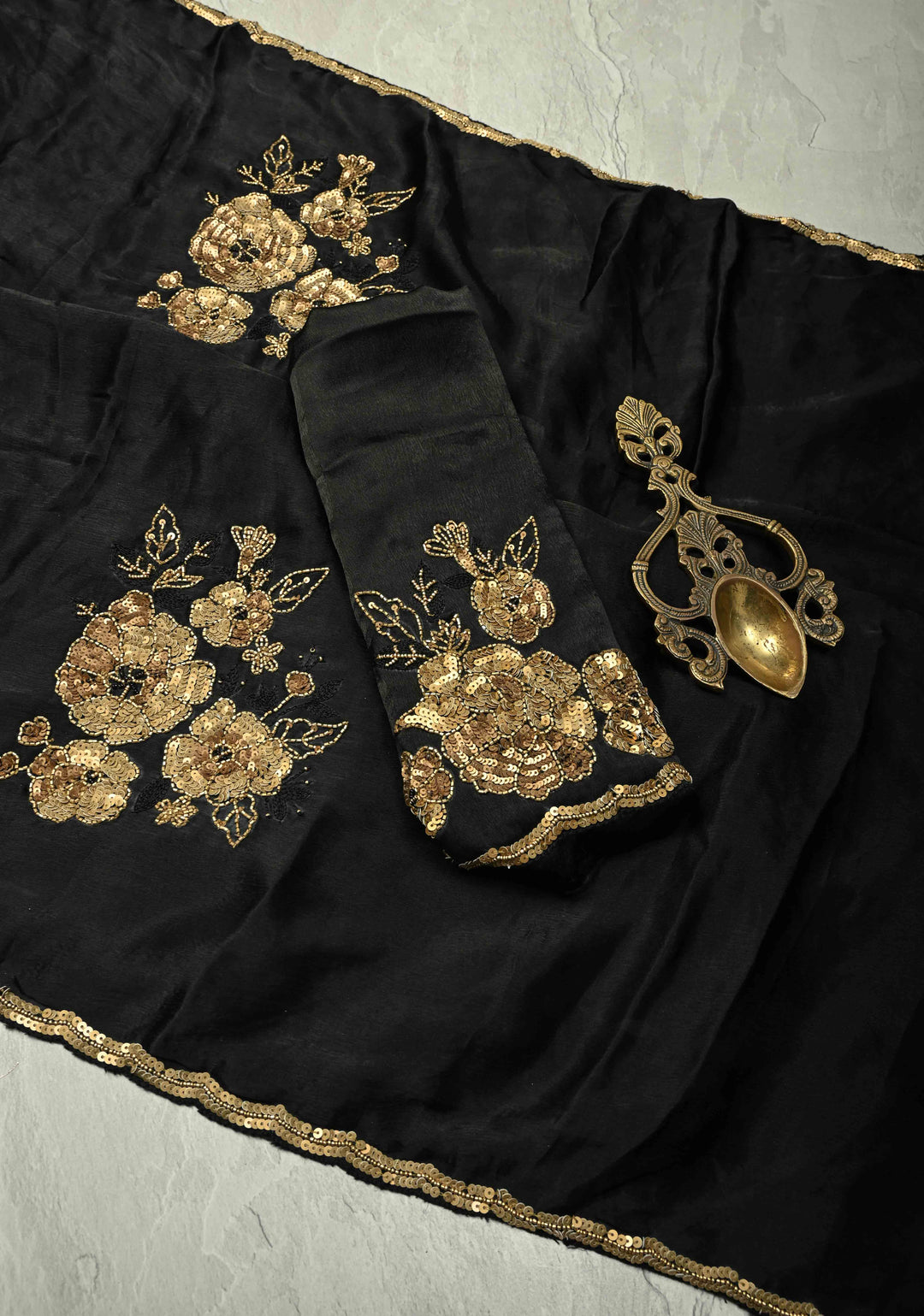 Black Satin Georgette Saree with Antique Matte Finish Cutdana, Sequins and Moti Embellishment and Scallop Border