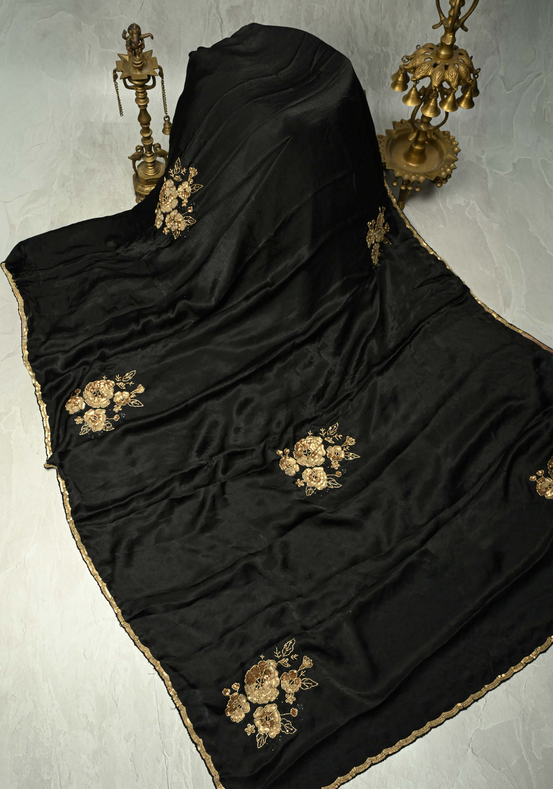 Black Satin Georgette Saree with Antique Matte Finish Cutdana, Sequins and Moti Embellishment and Scallop Border