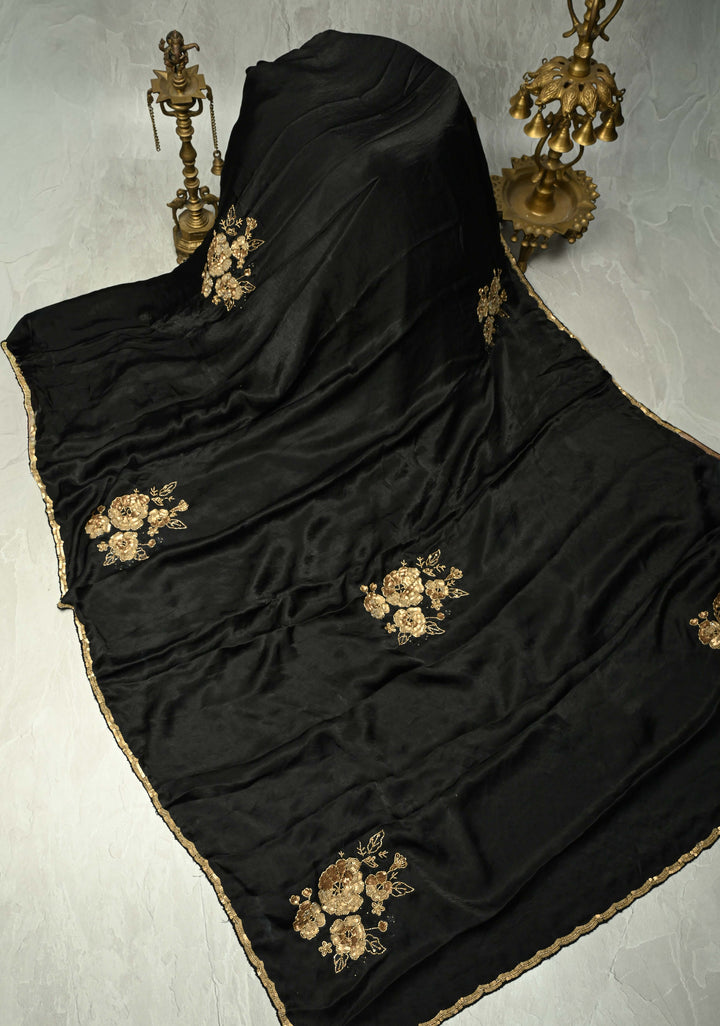 Black Satin Georgette Saree with Antique Matte Finish Cutdana, Sequins and Moti Embellishment and Scallop Border