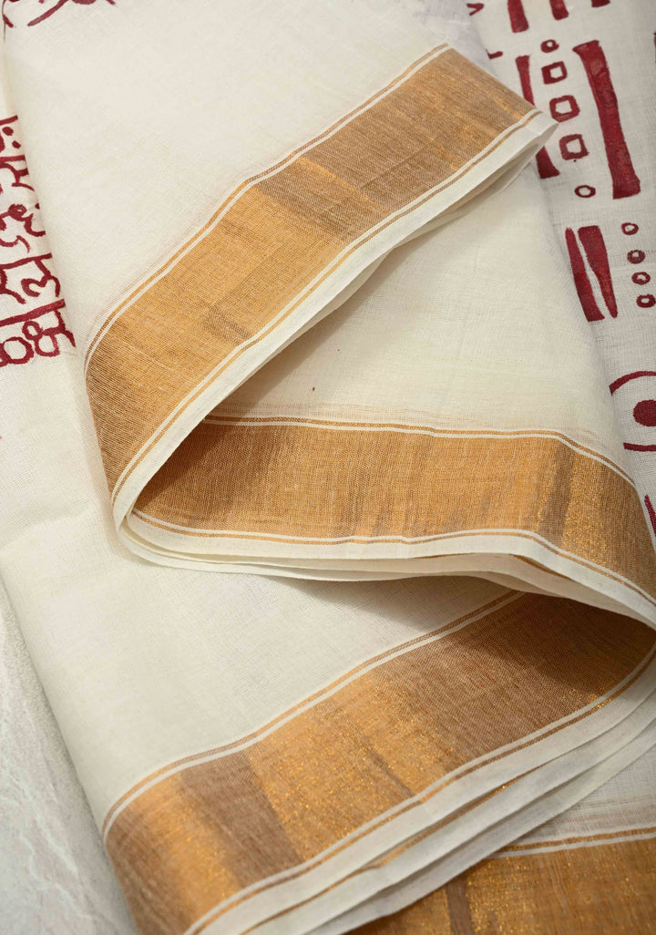 Marathi Shloka Handpainted Saree on Kerala Cotton