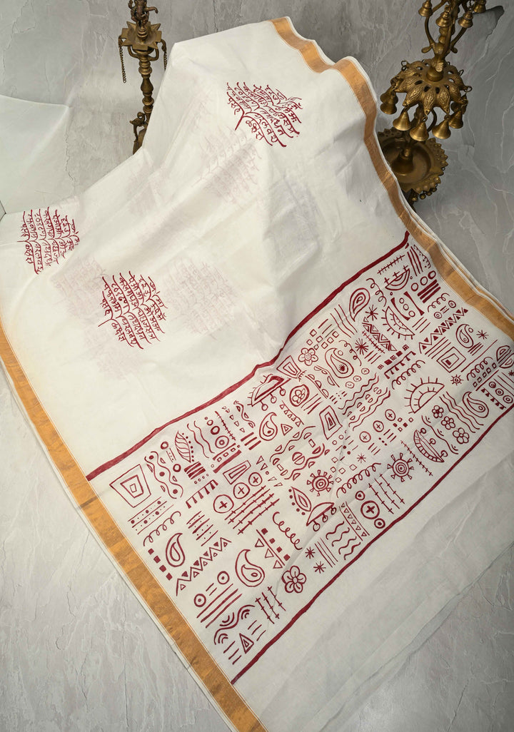 Marathi Shloka Handpainted Saree on Kerala Cotton