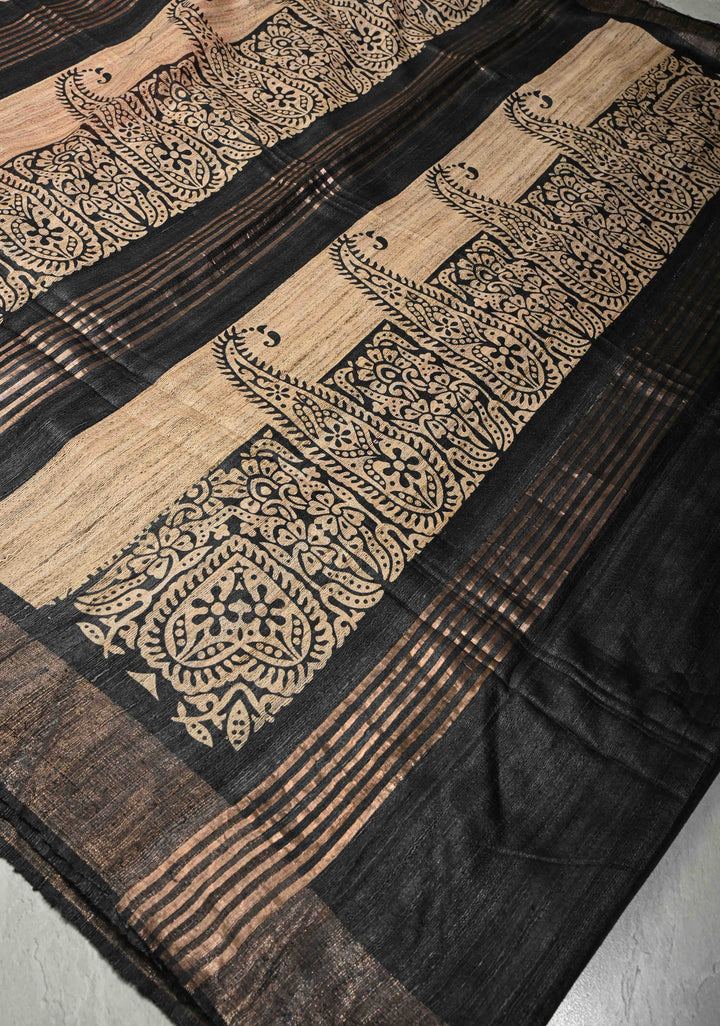 Brick Red Madhubani Hand Painted on Geecha Tussar Silk Saree With Contrast Muted Zari Border | SILK MARK CERTIFIED