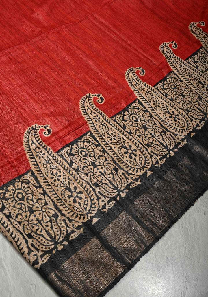 Brick Red Madhubani Hand Painted on Geecha Tussar Silk Saree With Contrast Muted Zari Border | SILK MARK CERTIFIED