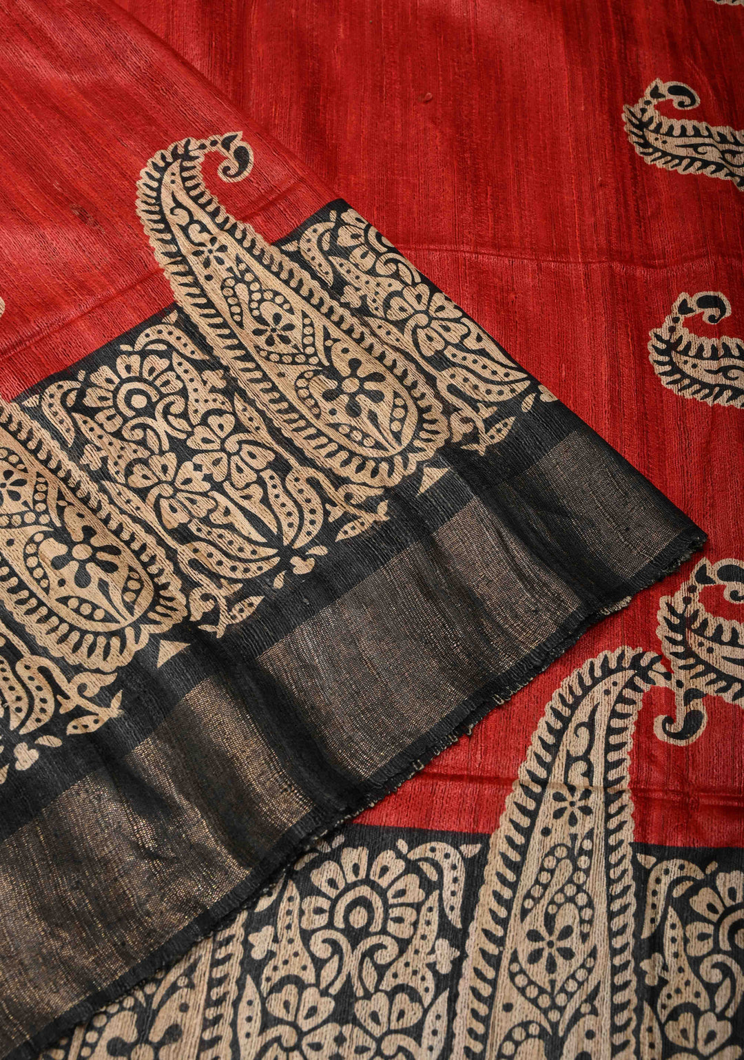 Brick Red Madhubani Hand Painted on Geecha Tussar Silk Saree With Contrast Muted Zari Border | SILK MARK CERTIFIED