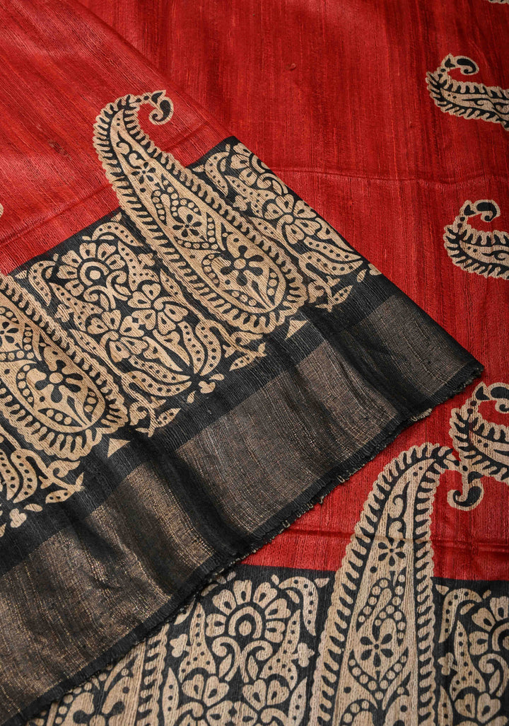 Brick Red Madhubani Hand Painted on Geecha Tussar Silk Saree With Contrast Muted Zari Border | SILK MARK CERTIFIED