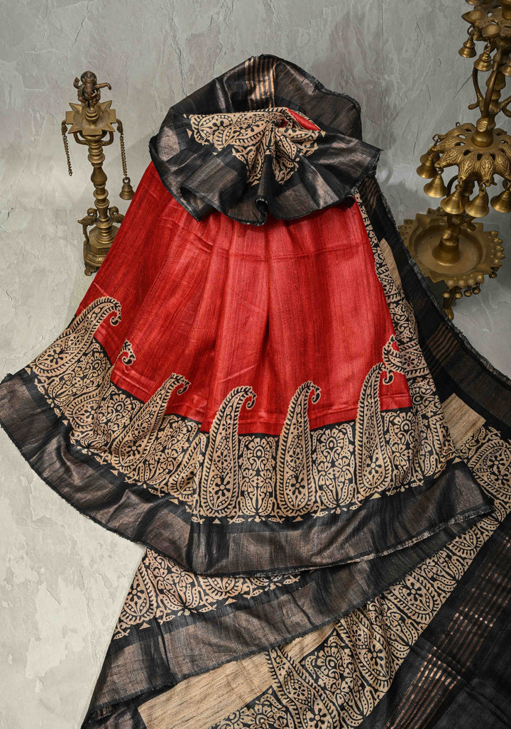 Brick Red Madhubani Hand Painted on Geecha Tussar Silk Saree With Contrast Muted Zari Border | SILK MARK CERTIFIED