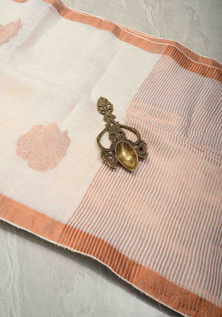 Ivory Linen Saree with Floral Zari Buttas and Muted Minimal Zari Border