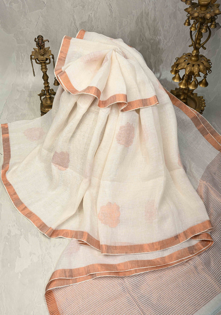 Ivory Linen Saree with Floral Zari Buttas and Muted Minimal Zari Border