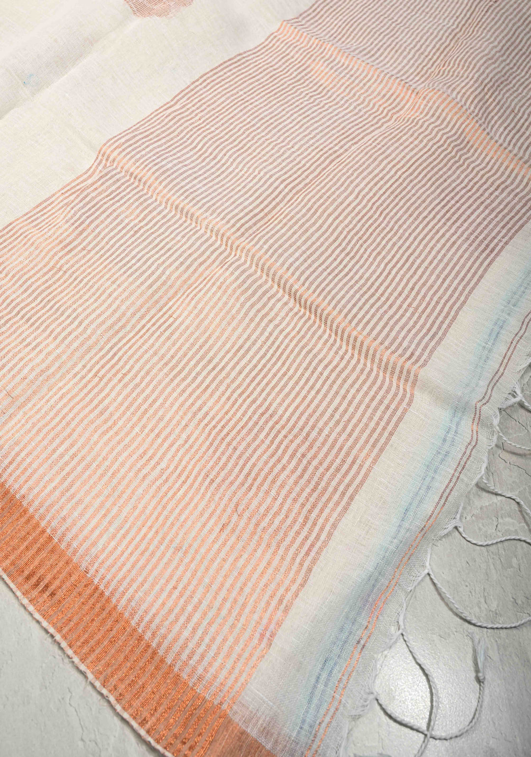 Ivory Linen Saree with Floral Zari Buttas and Muted Minimal Zari Border