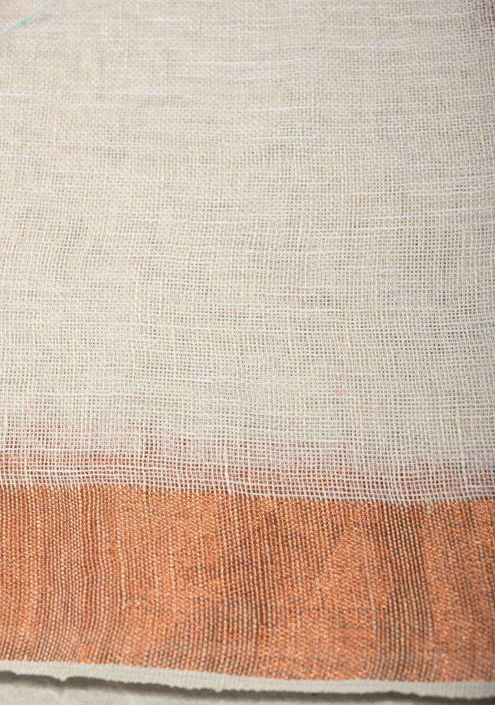 Ivory Linen Saree with Floral Zari Buttas and Muted Minimal Zari Border