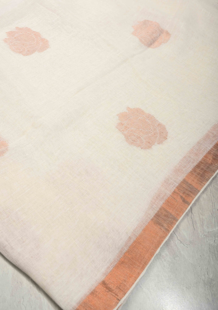 Ivory Linen Saree with Floral Zari Buttas and Muted Minimal Zari Border