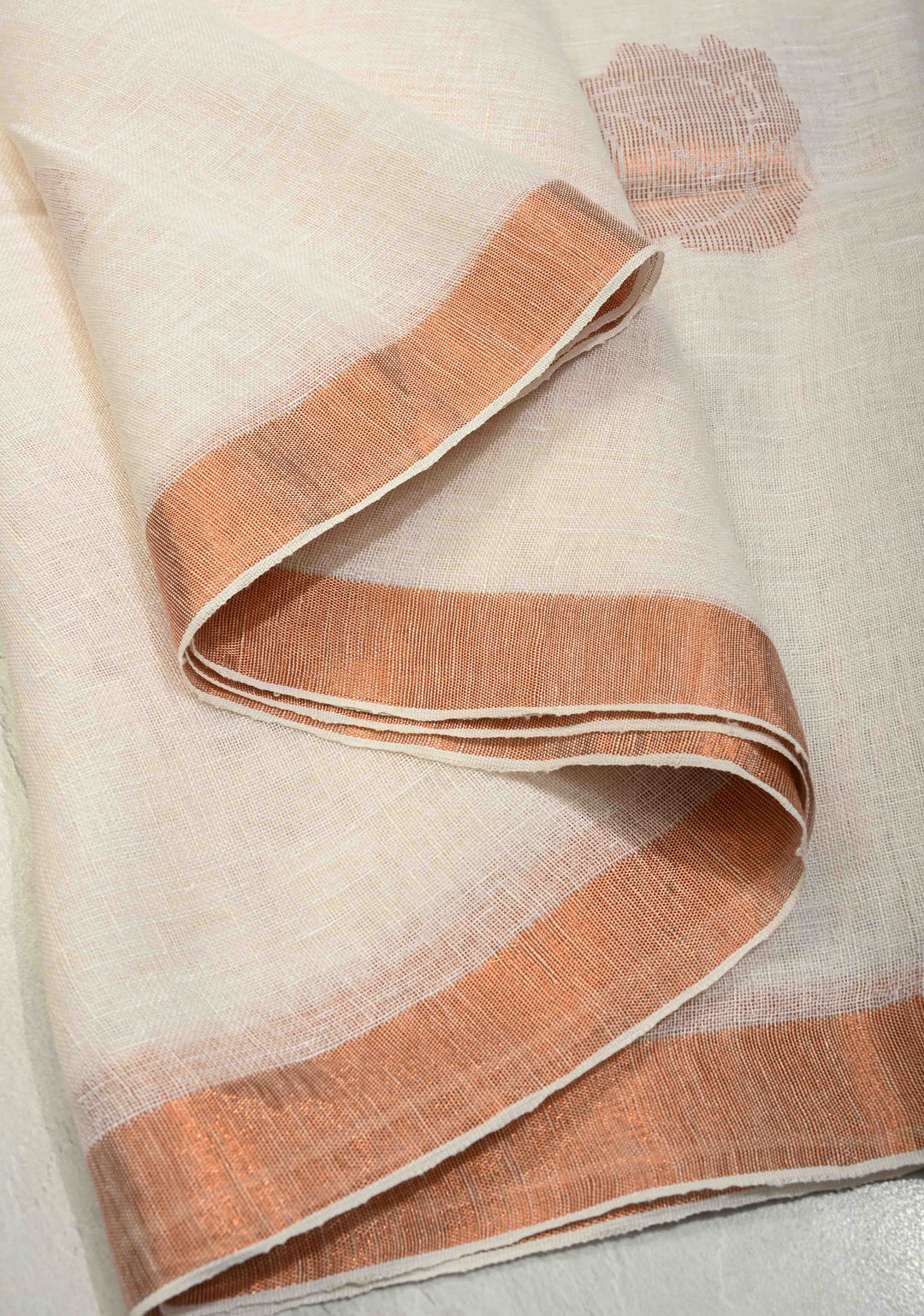 Ivory Linen Saree with Floral Zari Buttas and Muted Minimal Zari Border