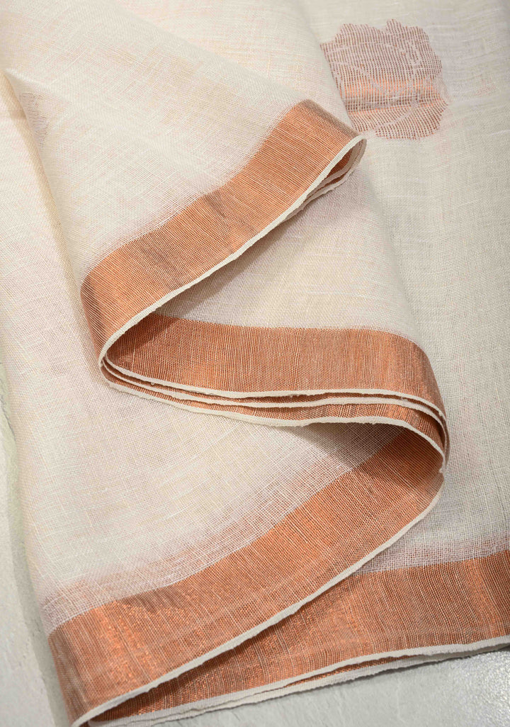 Ivory Linen Saree with Floral Zari Buttas and Muted Minimal Zari Border