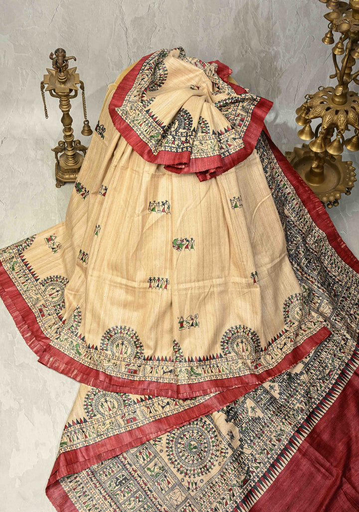 Beige Madhubani hand painted on Geecha Tussar Silk Saree With Border | SILK MARK CERTIFIED