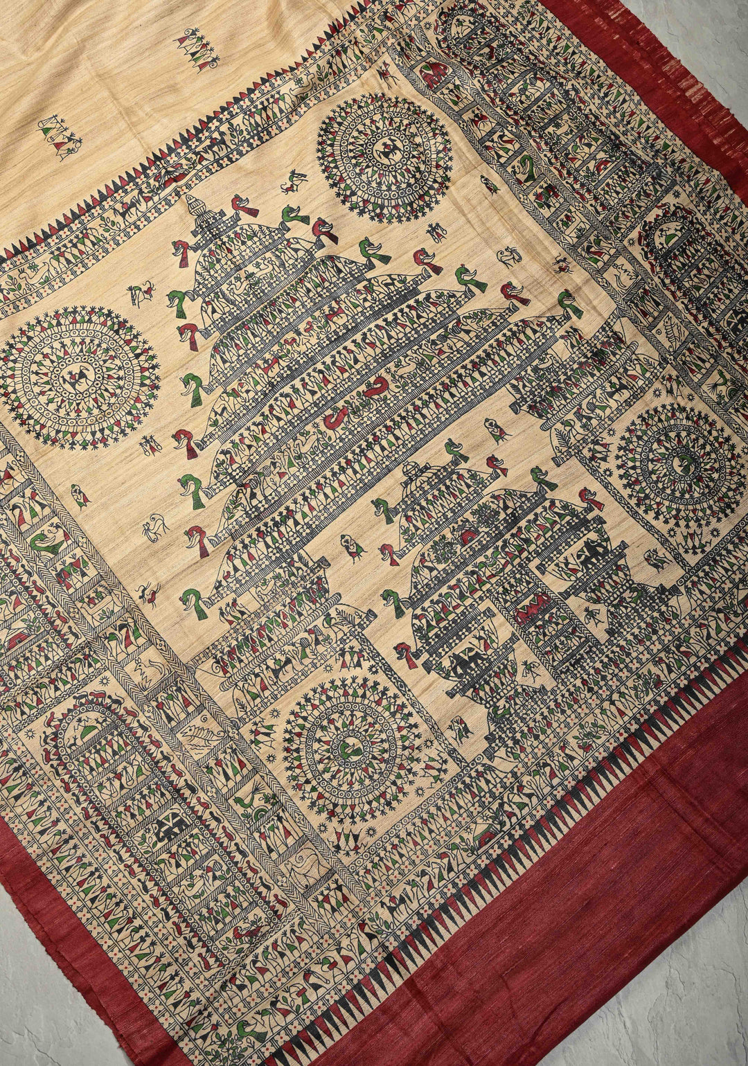 Beige Madhubani hand painted on Geecha Tussar Silk Saree With Border | SILK MARK CERTIFIED