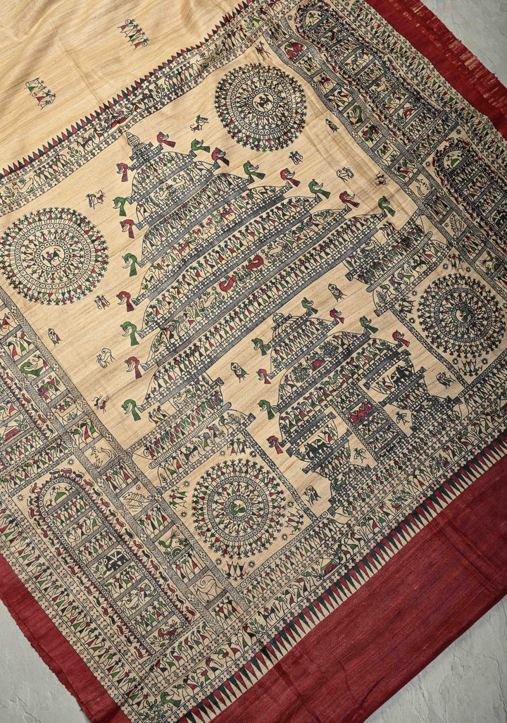 Beige Madhubani hand painted on Geecha Tussar Silk Saree With Border | SILK MARK CERTIFIED