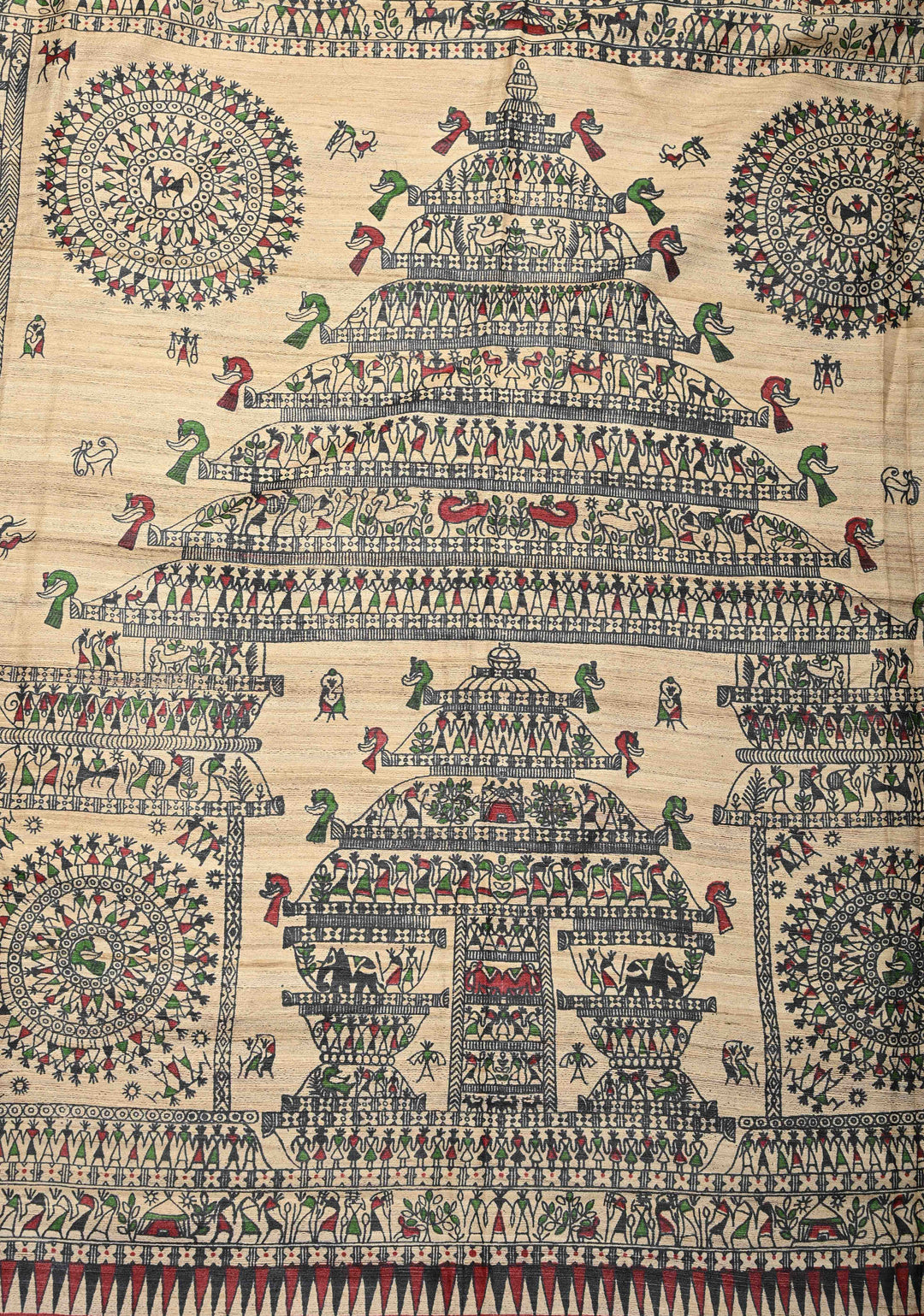 Beige Madhubani hand painted on Geecha Tussar Silk Saree With Border | SILK MARK CERTIFIED