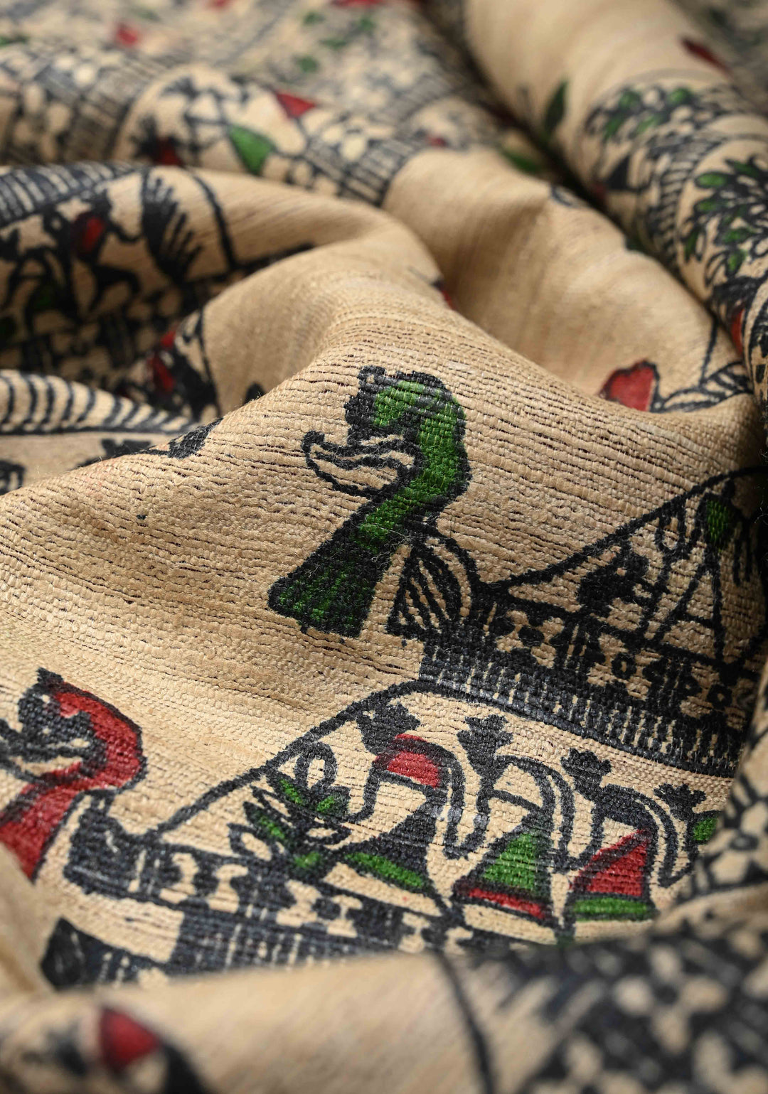 Beige Madhubani hand painted on Geecha Tussar Silk Saree With Border | SILK MARK CERTIFIED