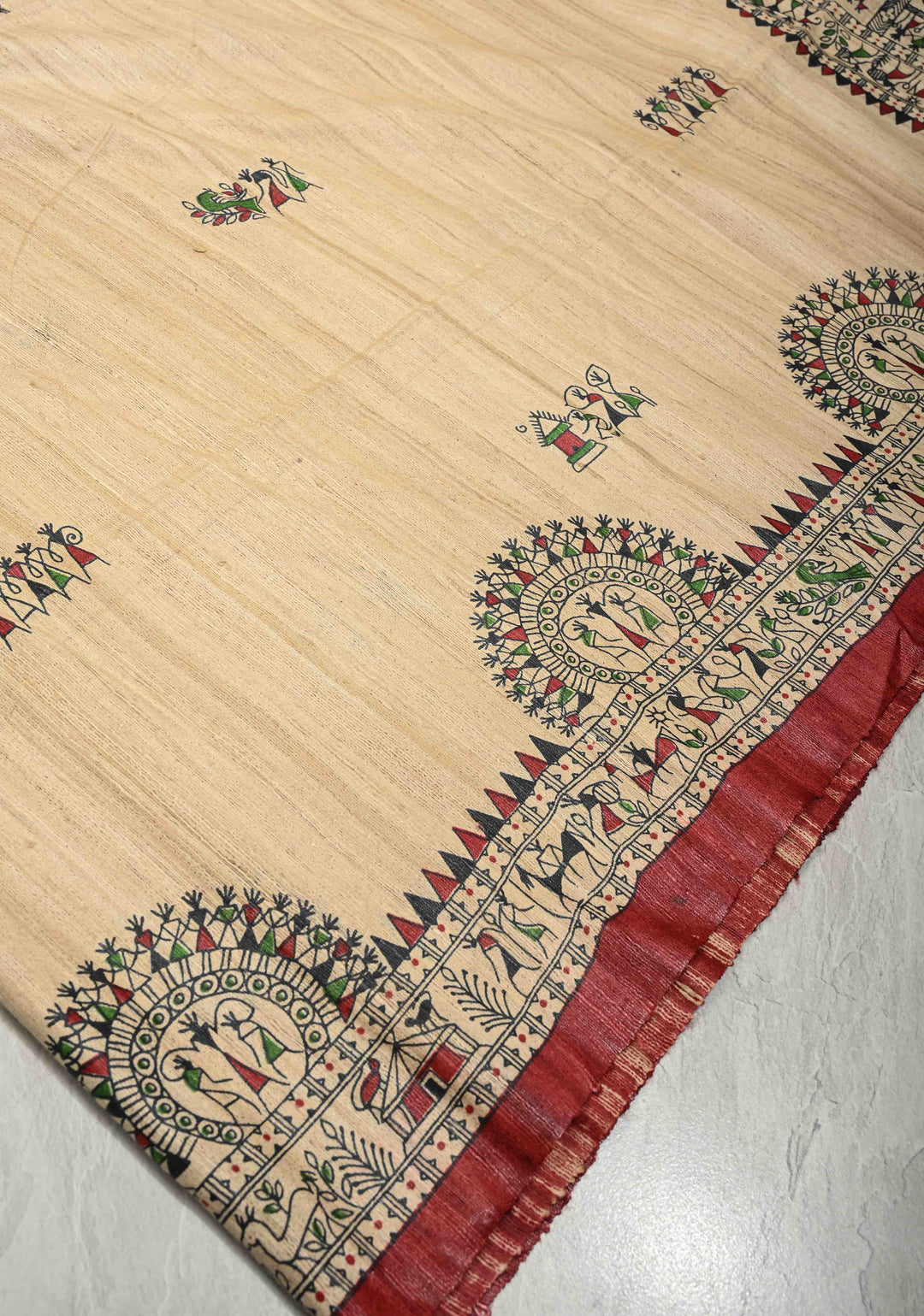 Beige Madhubani hand painted on Geecha Tussar Silk Saree With Border | SILK MARK CERTIFIED