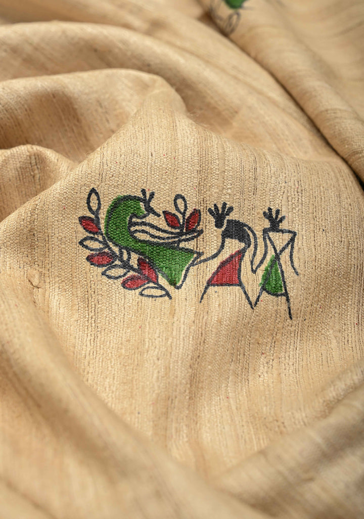 Beige Madhubani hand painted on Geecha Tussar Silk Saree With Border | SILK MARK CERTIFIED