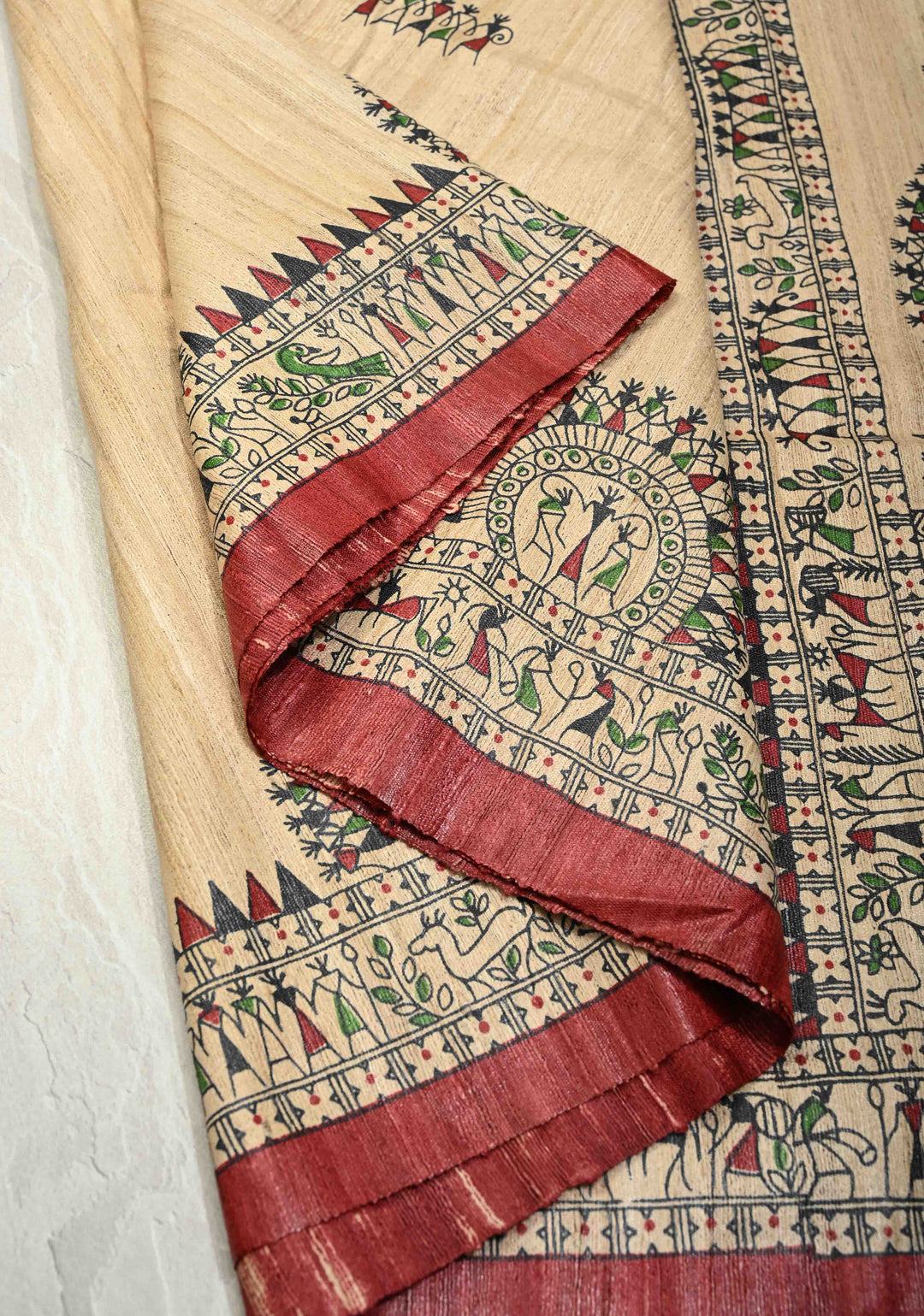 Beige Madhubani hand painted on Geecha Tussar Silk Saree With Border | SILK MARK CERTIFIED