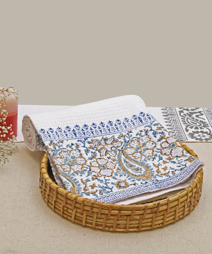 Block Printed Bath Towel | White Coffee Paisley | Cotton Honeycomb Waffle