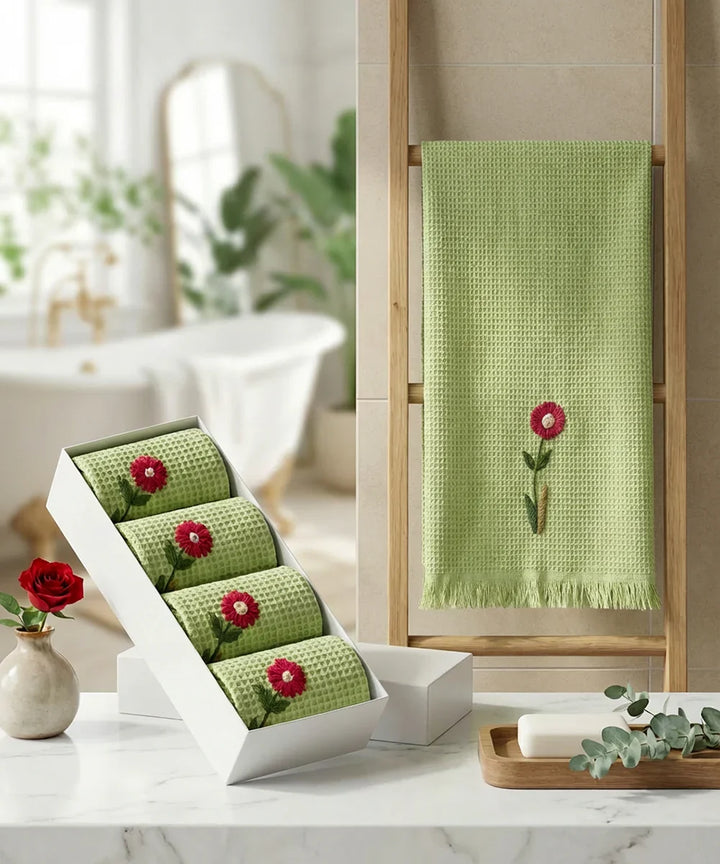 Embroidered 4 pcs Face and 2 pcs Hand Towel Set | Cotton Waffle | Sage Green | SHOBITAM