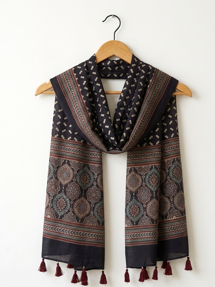 Kohl Black Silk Ajrakh Dupatta-cum-Shawl I Handcrafted | SHOBITAM