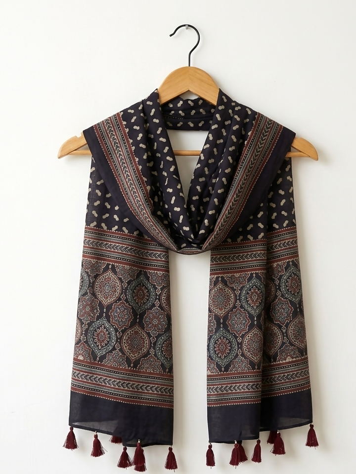 Kohl Black Silk Ajrakh Dupatta-cum-Shawl I Handcrafted | SHOBITAM