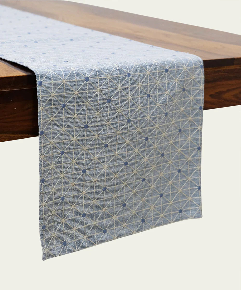 6 seater Blue Yarn Dye Geo Embroidered Cotton Table Runner | SHOBITAM