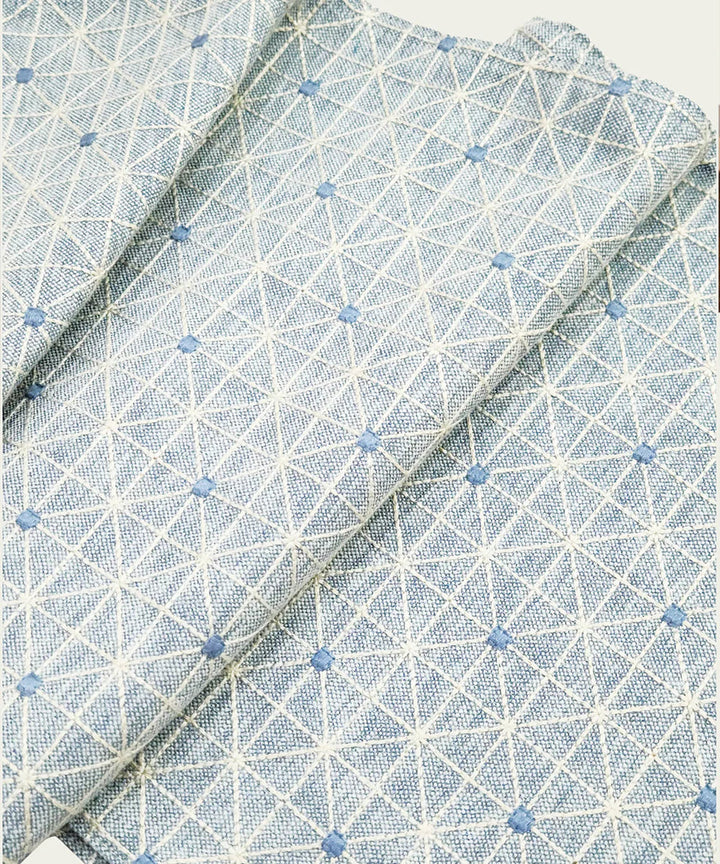 6 seater Blue Yarn Dye Geo Embroidered Cotton Table Runner | SHOBITAM