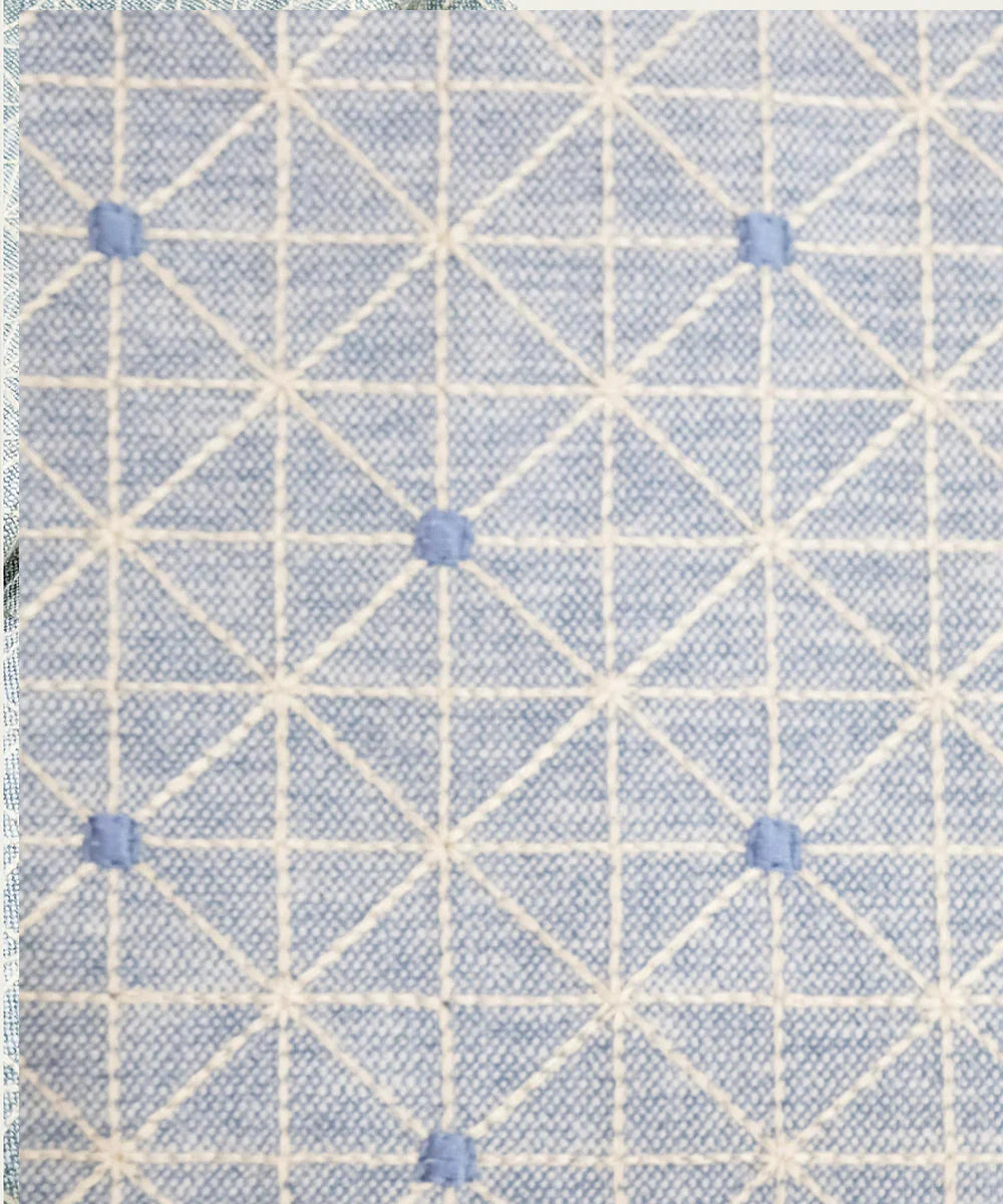 6 seater Blue Yarn Dye Geo Embroidered Cotton Table Runner | SHOBITAM