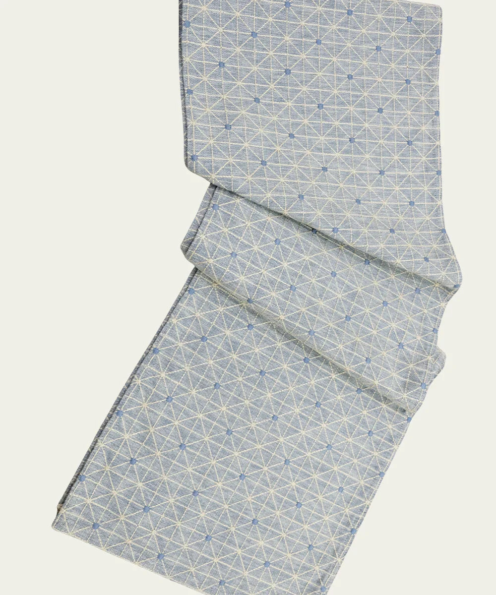 6 seater Blue Yarn Dye Geo Embroidered Cotton Table Runner | SHOBITAM
