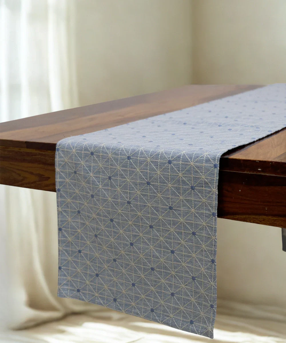 6 seater Blue Yarn Dye Geo Embroidered Cotton Table Runner | SHOBITAM