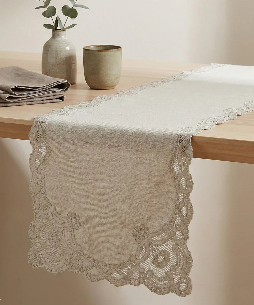 6 seater Beige Cutwork Embroidery Cotton Slub Table Runner | SHOBITAM