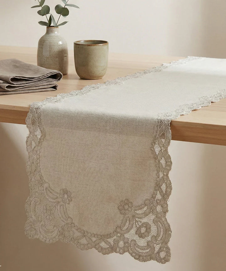 6 seater Beige Cutwork Embroidery Cotton Slub Table Runner | SHOBITAM