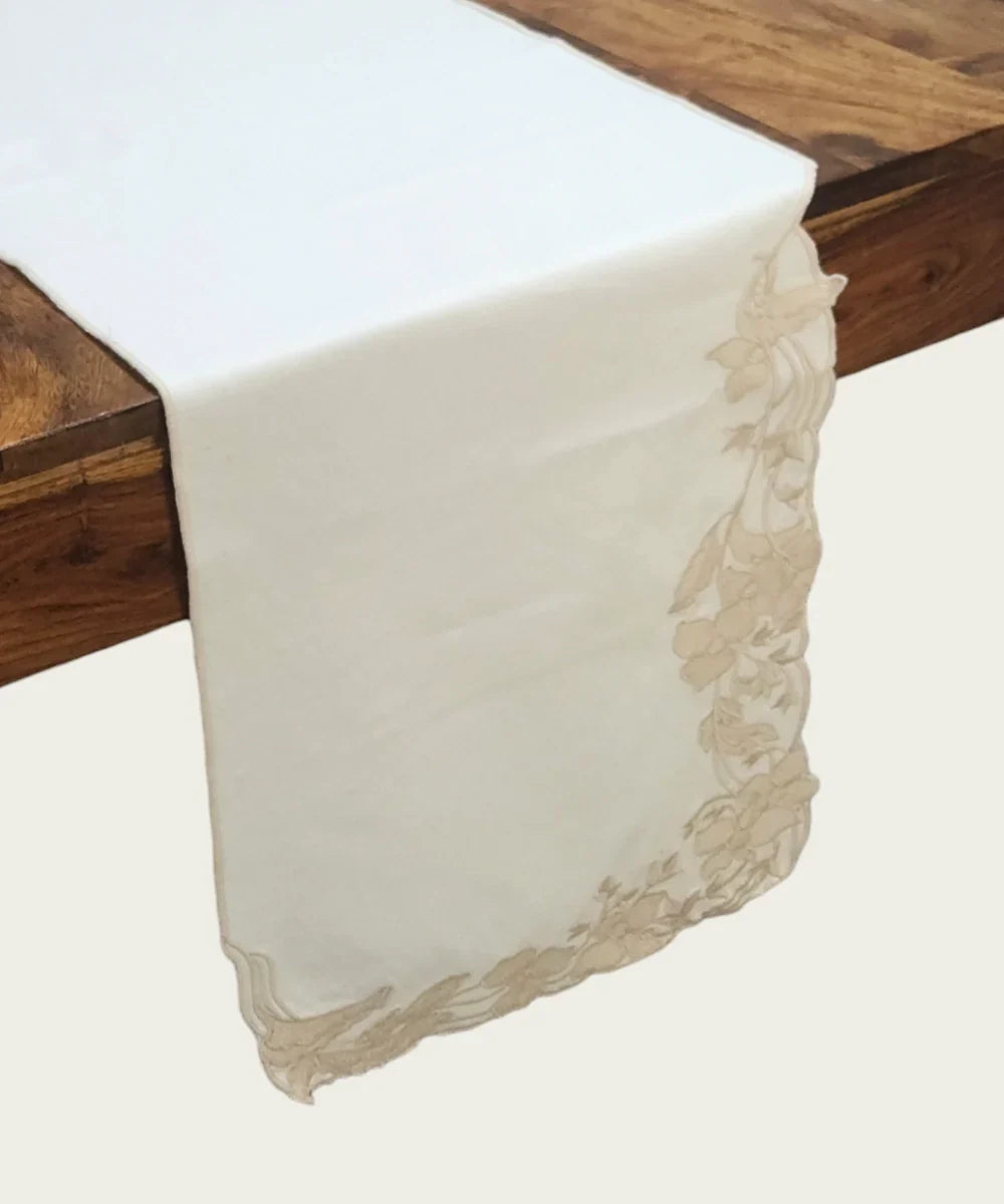 Cream Embroidered With Cutwork Cotton Casement Table Runner (13"x84") | SHOBITAM