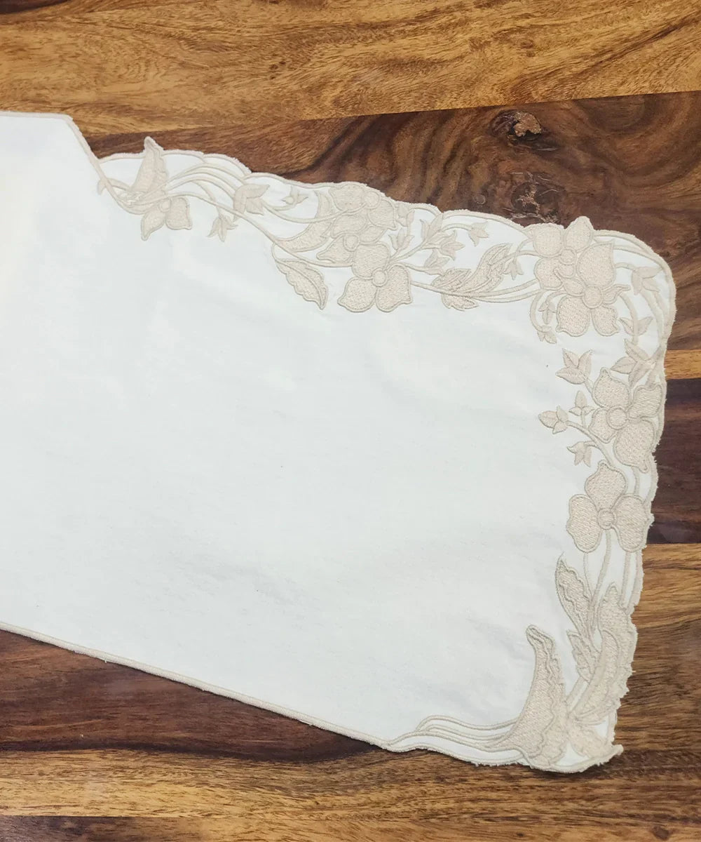 Cream Embroidered With Cutwork Cotton Casement Table Runner (13"x84") | SHOBITAM