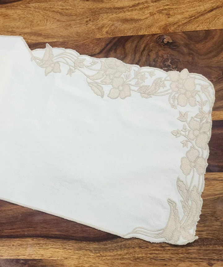 Cream Embroidered With Cutwork Cotton Casement Table Runner (13"x84") | SHOBITAM