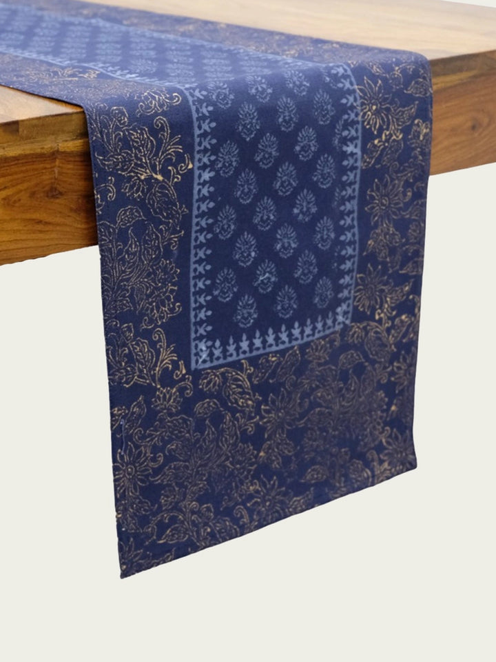 82 x 13,Navy Hand Block Printed Cotton Canvas Table Runner