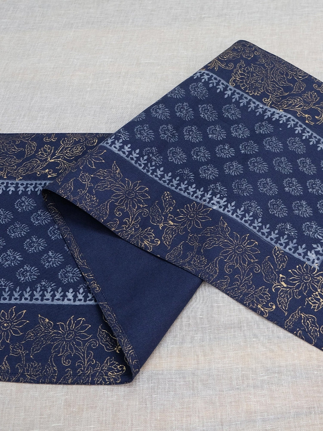 82 x 13,Navy Hand Block Printed Cotton Canvas Table Runner