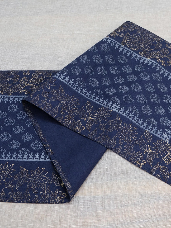 82 x 13,Navy Hand Block Printed Cotton Canvas Table Runner