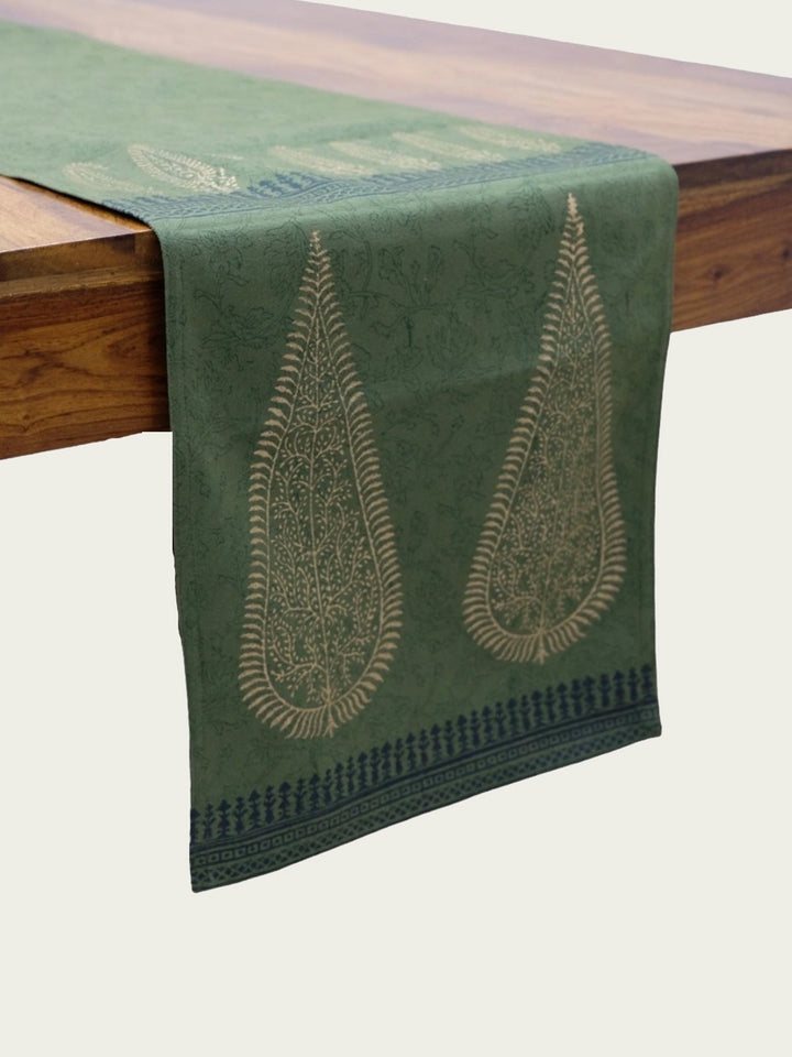 82 x 13 Olive Hand Block Printed Cotton Canvas Table Runner