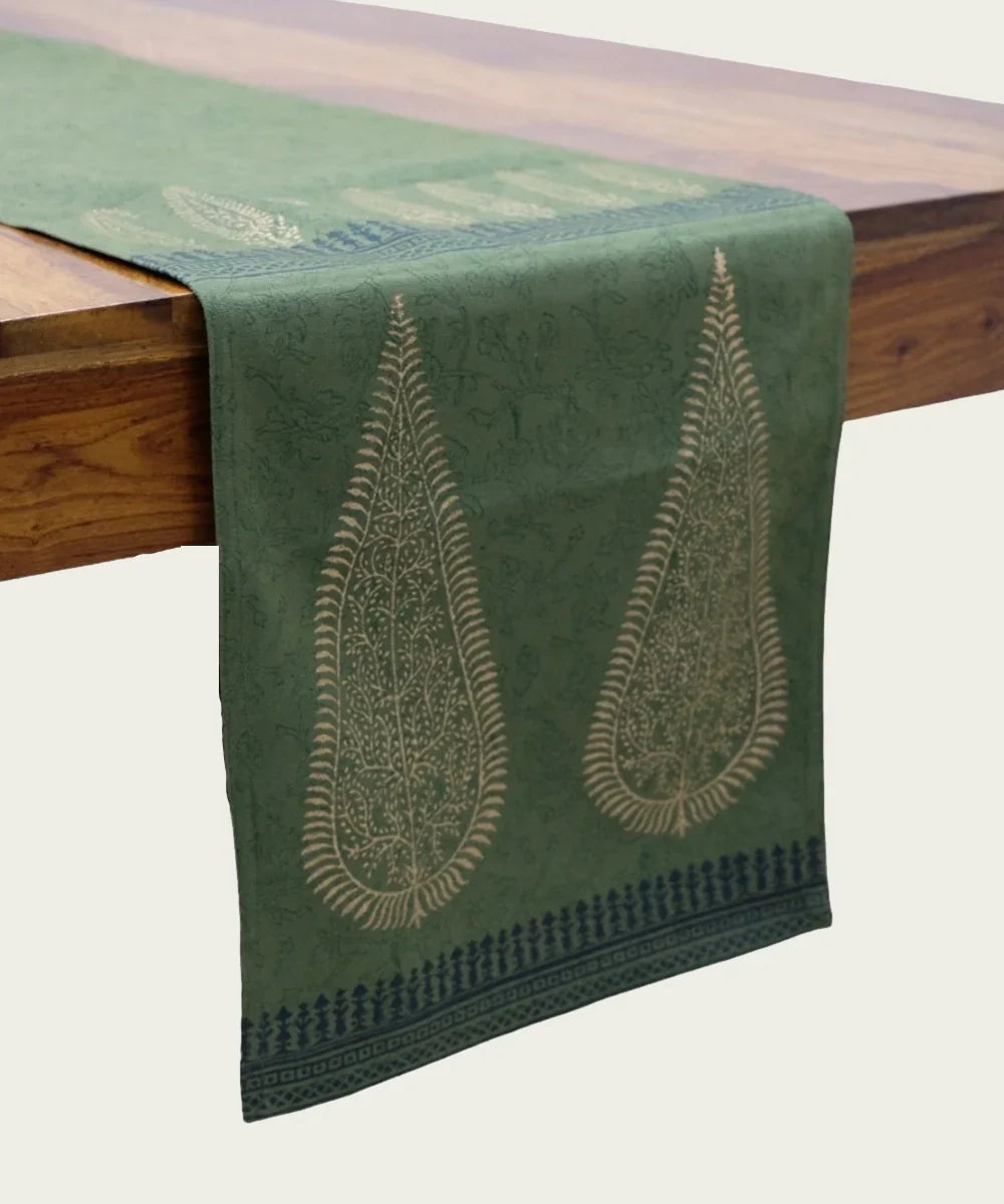 Set of 6 pcs Olive hand block printed cotton canvas Table Mats with 1 pc 6 seater Table Runner | SHOBITAM