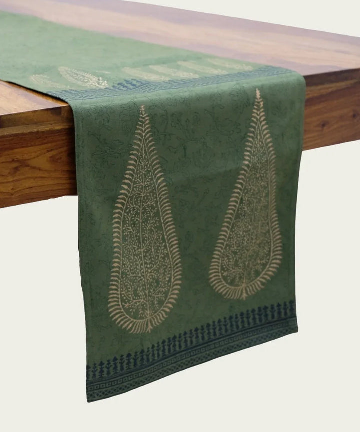Olive Block Print Table Linen Gift Set | 1 Runner + 6 Mats + 6 Napkins | SHOBITAM