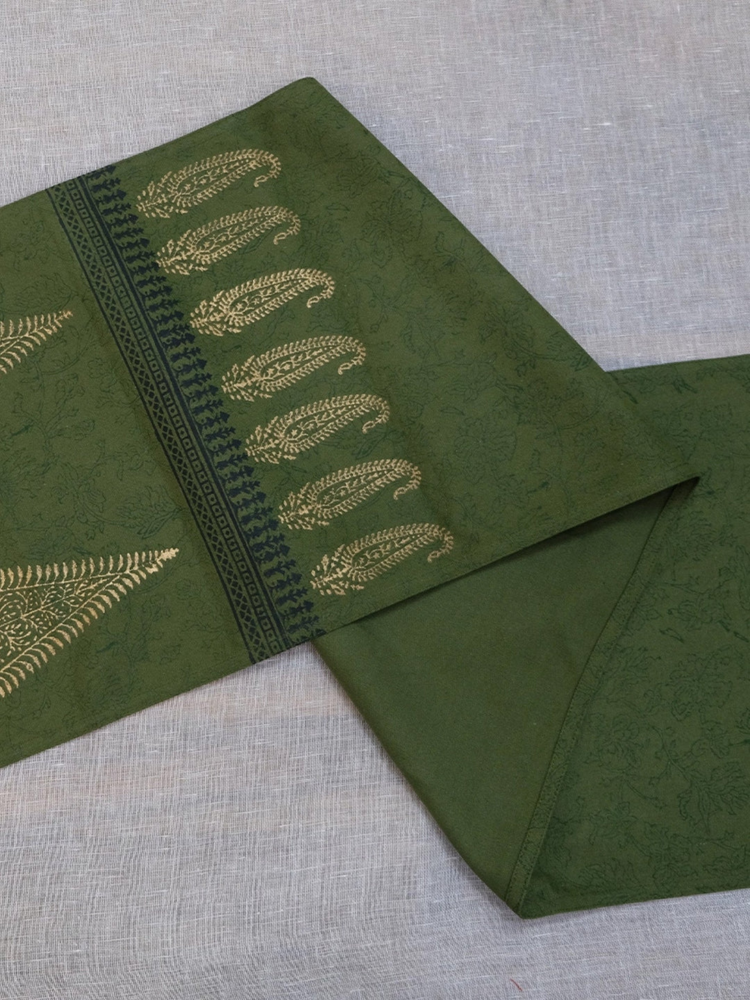 82 x 13 Olive Hand Block Printed Cotton Canvas Table Runner