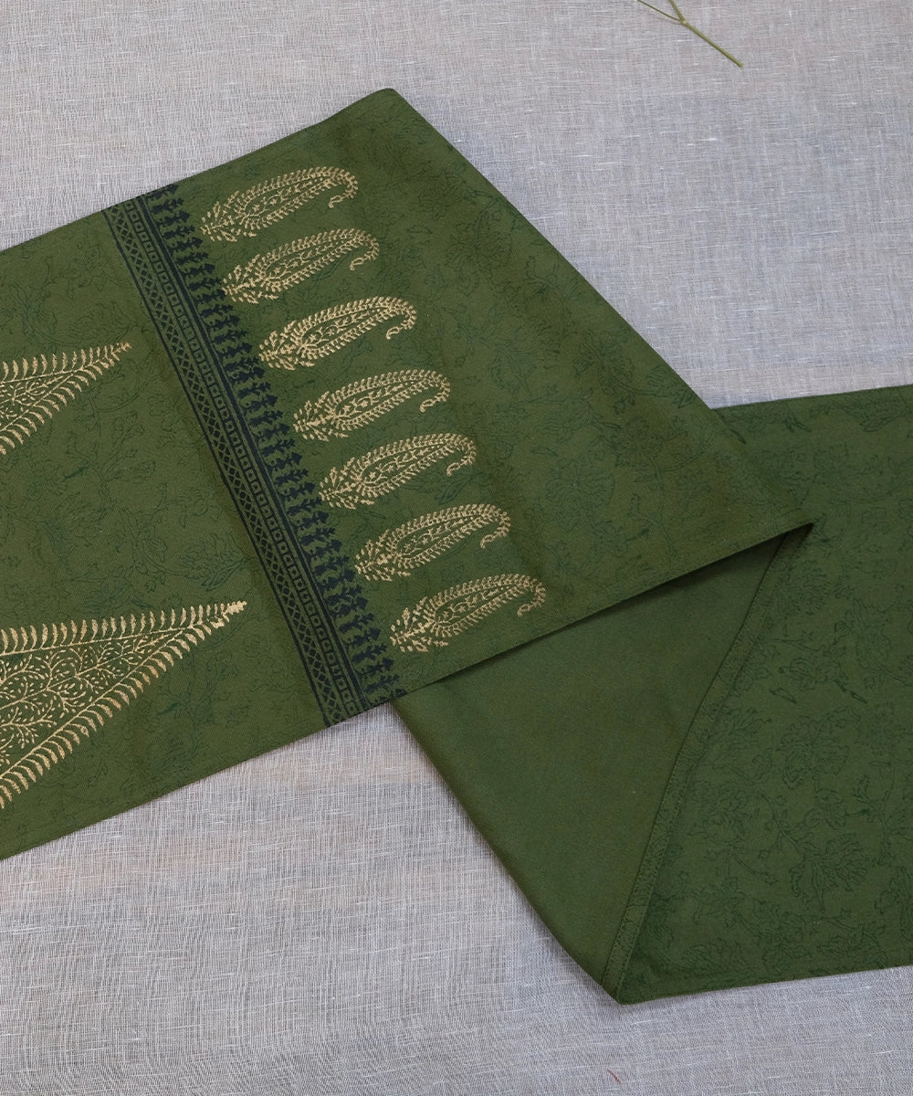 Olive Block Print Table Linen Gift Set | 1 Runner + 6 Mats + 6 Napkins | SHOBITAM