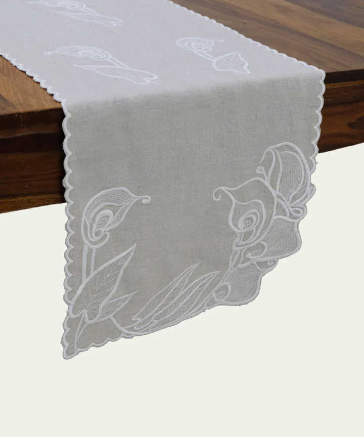 Set of Beige Pure Linen Cutwork Embroidered Table Runner with 6 pcs Table Mats | SHOBITAM