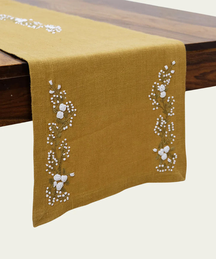 4 Seater Mustard Hand Emb Pure Linen Table Runner