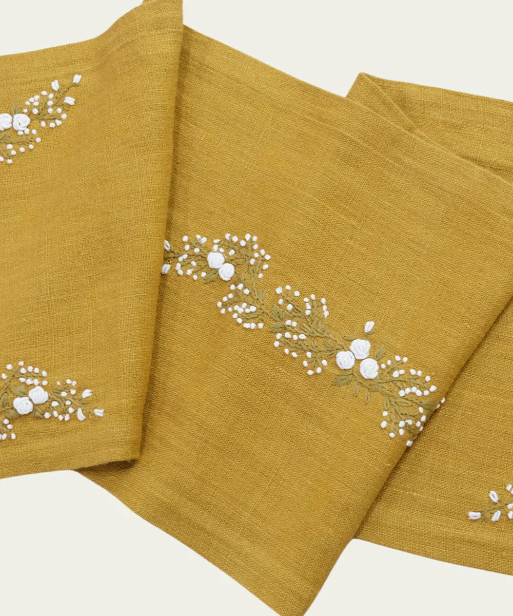 13"x50"  4 Seater Mustard Hand Emb Pure Linen Table Runner